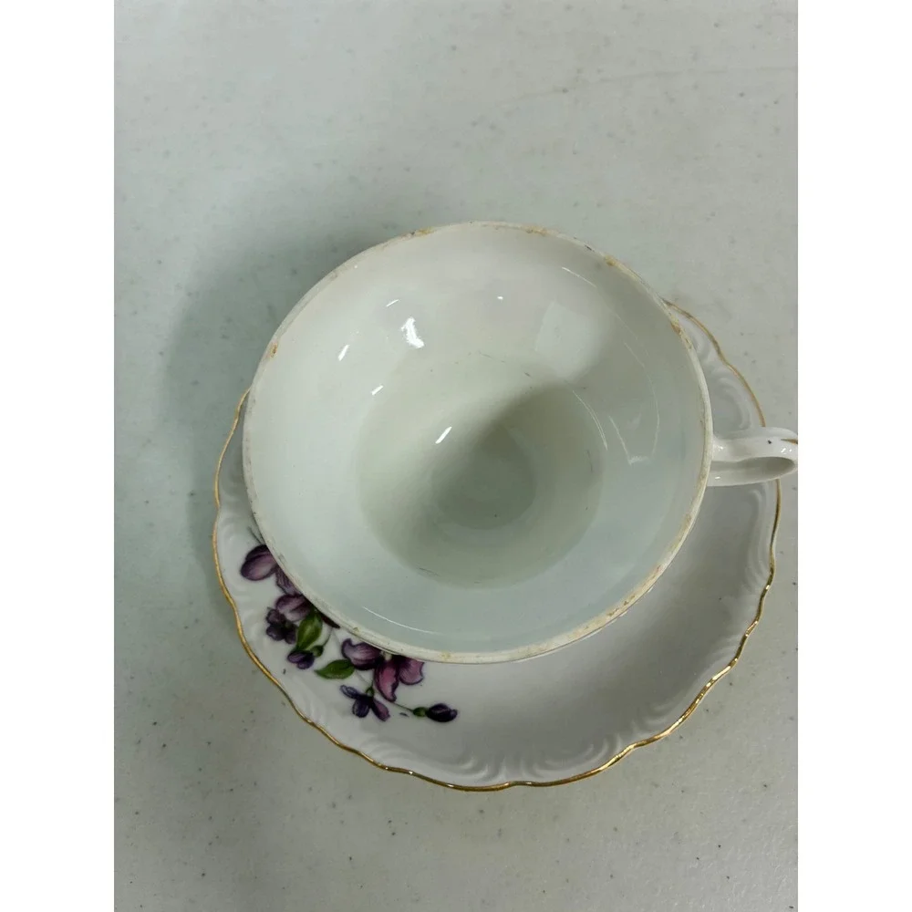 Vintage Made in Japan Purple Violet Floral Porcelain Tea Cup and Saucer Set Gold